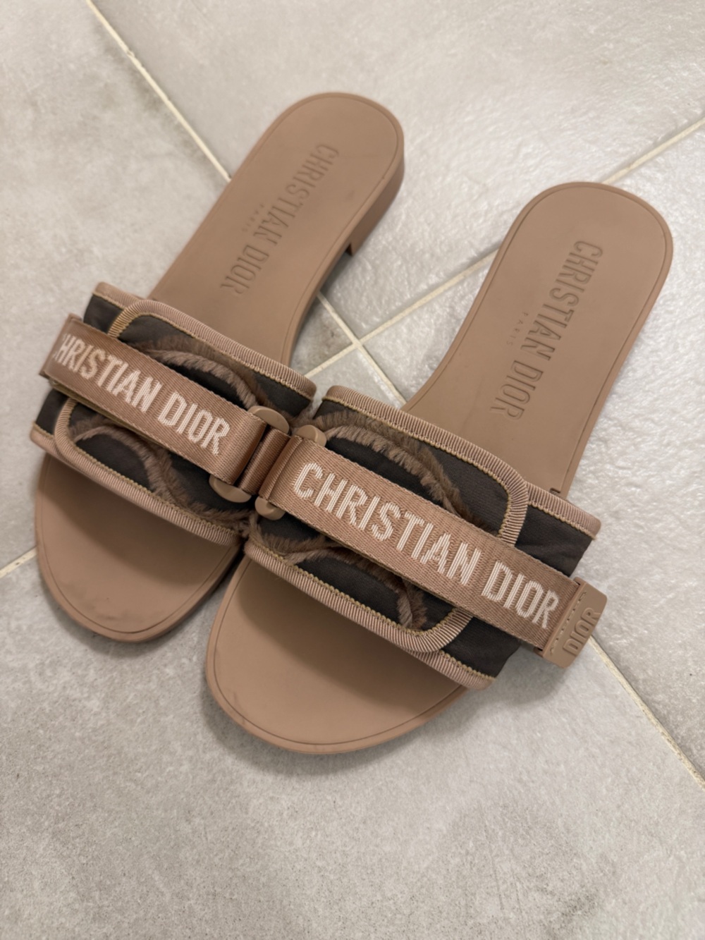 Dior Taupe and Dark Brown Webbing Slide Sandals